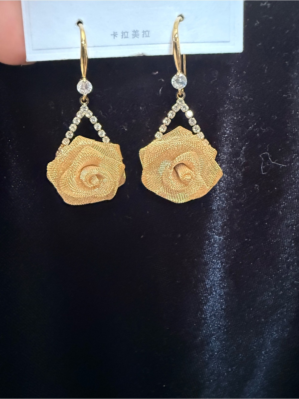 Textured Gold Rose Drop Earrings with Crystal Accents 925 post.